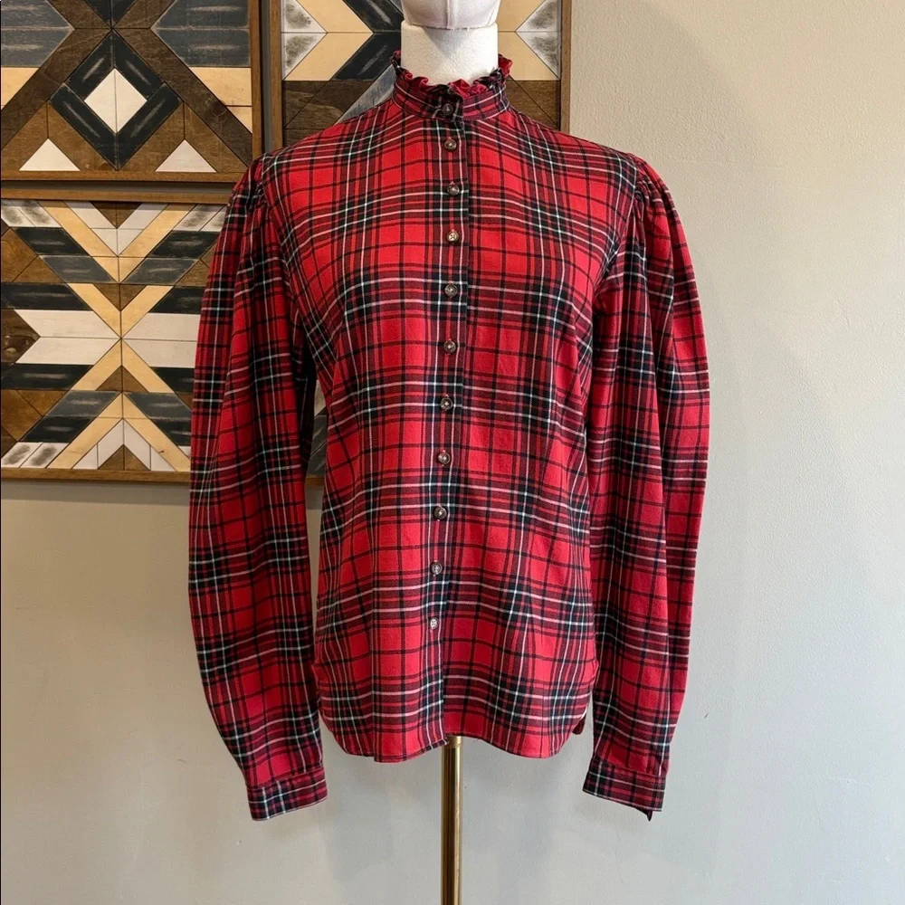 Vintage Ralph Lauren Red and Black Plaid Button-Front Puff Sleeve Top size 8